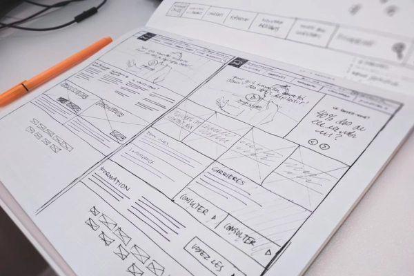 Sketches of website wireframes drawn on a notebook