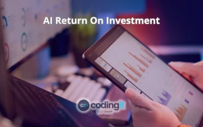 Tablet displaying AI ROI charts with CodingIT branding