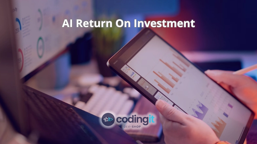 Tablet displaying AI ROI charts with CodingIT branding