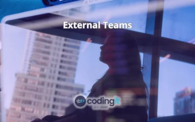Reflection on a laptop screen of a professional in an office window with the text “External Teams” and the CodingIT logo