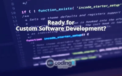 PHP code snippet on screen with “Ready for Custom Software Development?” overlay and CodingIT’s logo