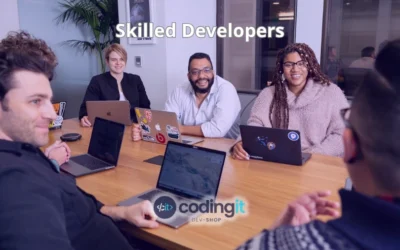A diverse dev team collaborating around a table, the title “Skilled Developers” and CodingIT’s logo