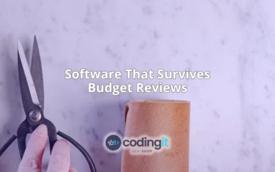 Hand holding scissors next to a roll of material, with the text “Software That Survives Budget Reviews” and CodingIT’s logo