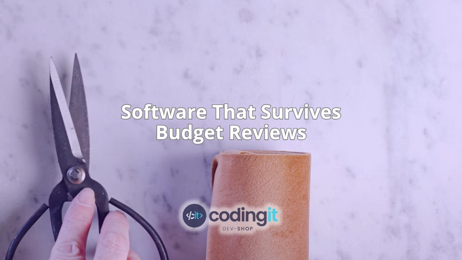 Hand holding scissors next to a roll of material, with the text “Software That Survives Budget Reviews” and CodingIT’s logo