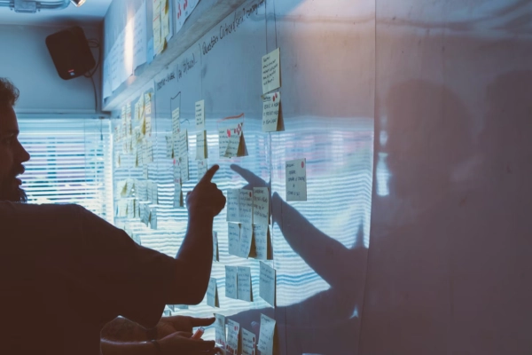 Team reviewing tasks and priorities on a whiteboard